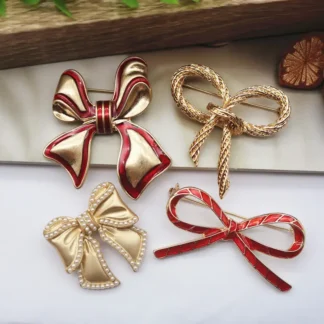 Bow Brooches Red Gold Pearl Embellished