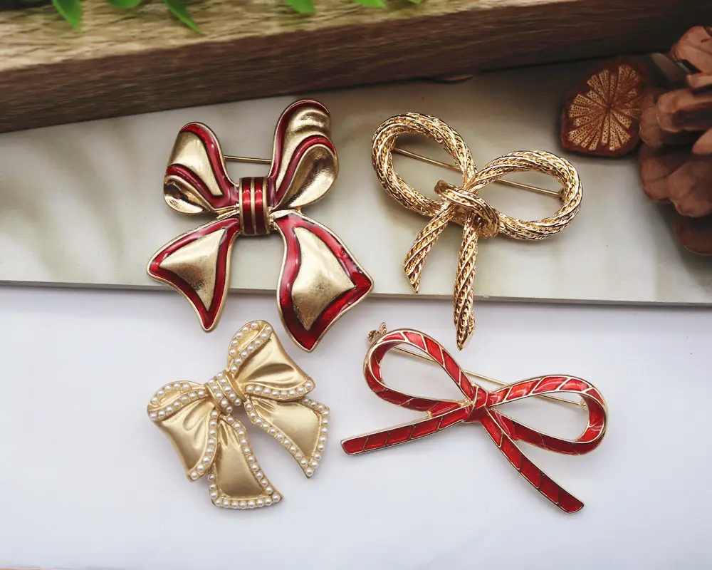 Bow Brooches Red Gold Pearl Embellished