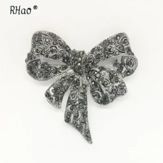 Vintage Black Rhinestone Bow Brooch for Women
