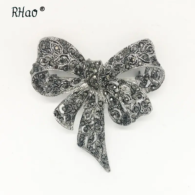 Vintage Black Rhinestone Bow Brooch for Women - Image 6