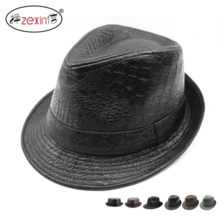 Black Croc PU Leather Men's Hat with Adjustable Band