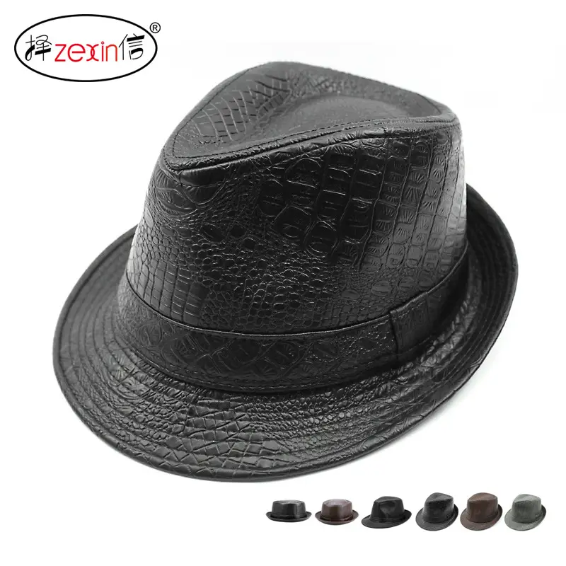 Black Croc PU Leather Men's Hat with Adjustable Band