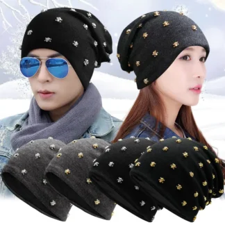 Black Gold Skull Rivet Knit Beanie Hat for Men Women Autumn Winter