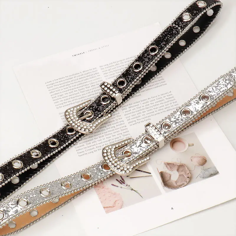 Women Rhinestone Belt Sparkly Silver Buckle Denim Skirt Accessory - Image 2