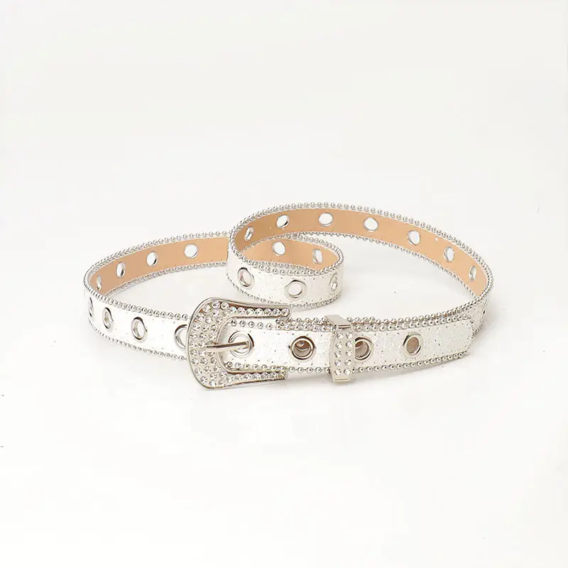Women Rhinestone Belt Sparkly Silver Buckle Denim Skirt Accessory - Image 7