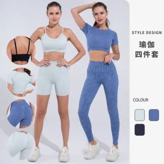 Women Seamless Yoga 4-Piece Set Blue Gray High Waist Shorts