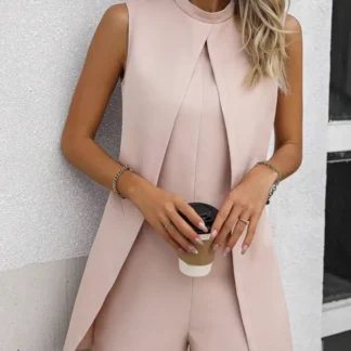 Women Pink Sleeveless Stand Collar Jumpsuit Summer Casual