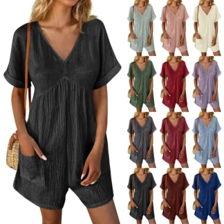 Women V Neck Loose Short Sleeve Jumpsuit Summer Multi Color