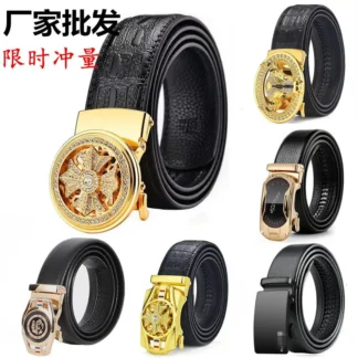 Men Automatic Buckle Litchi Leather Belt Black