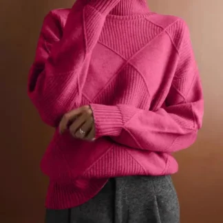 Women High Collar Diamond Knit Sweater Rose Red Loose Fit