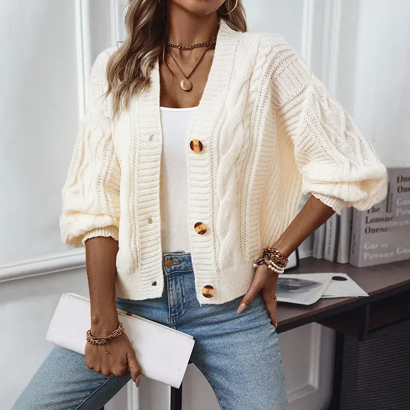 Women's V Neck Cable Knit Cardigan Cream Solid - Image 3