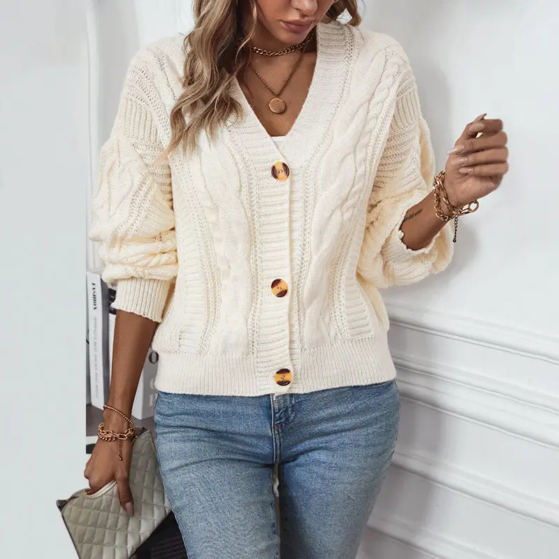 Women's V Neck Cable Knit Cardigan Cream Solid - Image 4