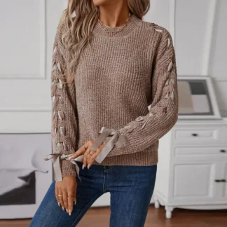 Women Lace-Up Sweater Autumn Winter Loose Bow Pu Material