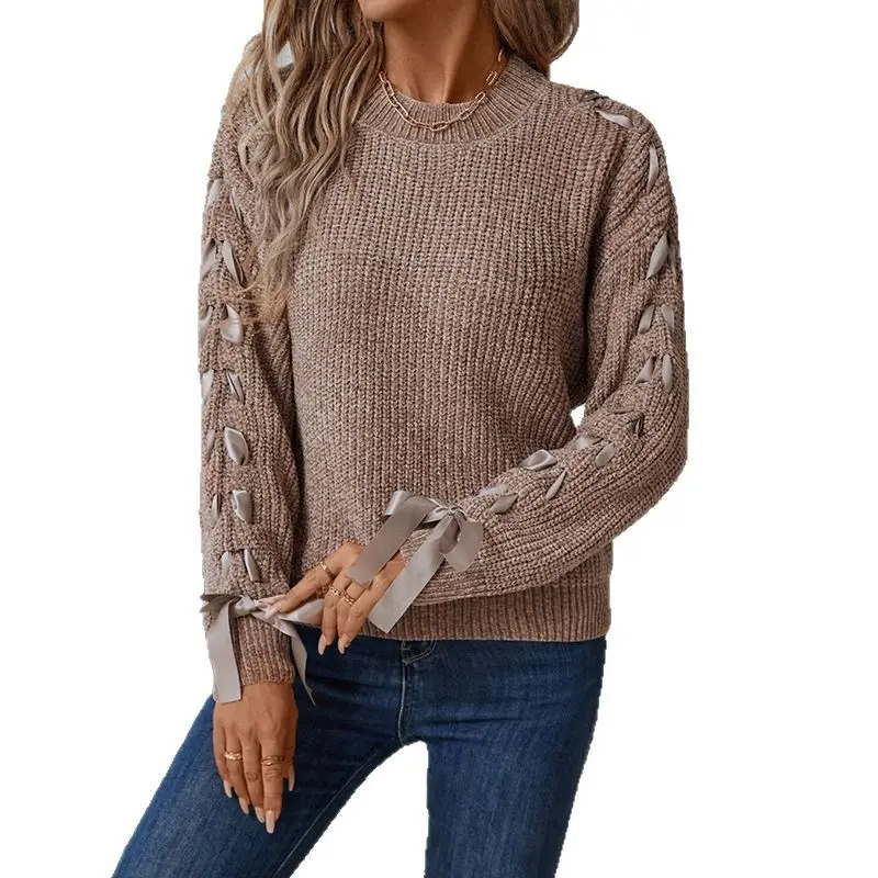 Women Lace-Up Sweater Autumn Winter Loose Bow Pu Material - Image 5