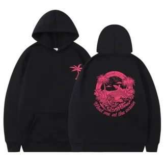 Black Hoodie with Pink Ocean Print for Women