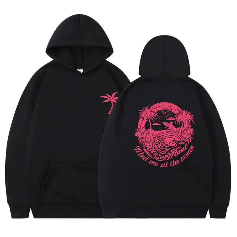 Black Hoodie with Pink Ocean Print for Women