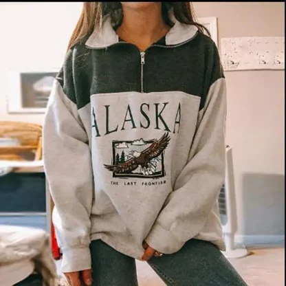 Women Zipper Print Sweater Alaska
