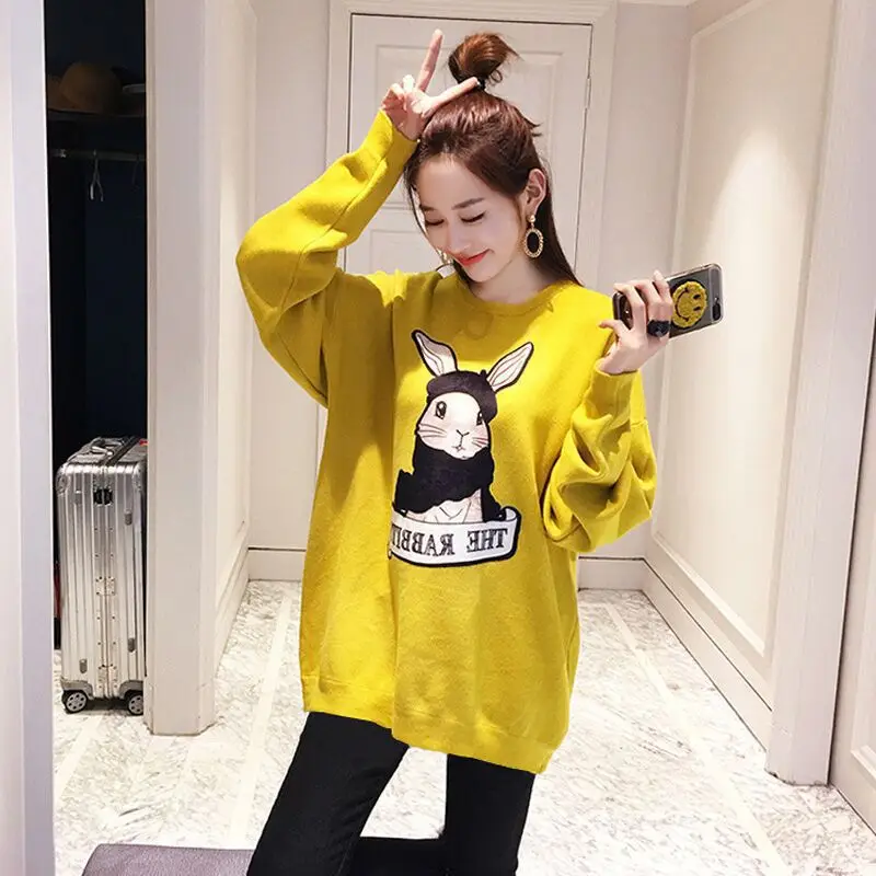 Green Rabbit Print Loose Sweatshirt Women Autumn New Korean Style - Image 2