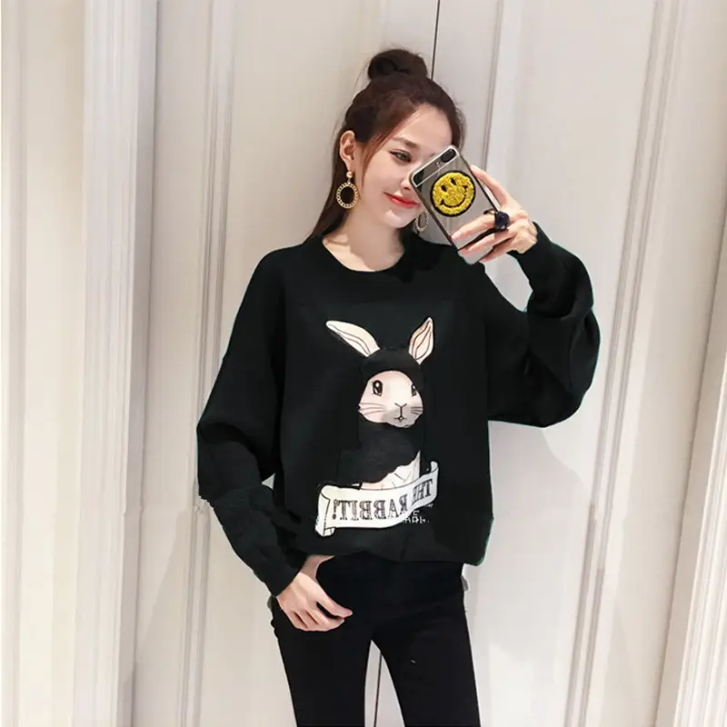 Green Rabbit Print Loose Sweatshirt Women Autumn New Korean Style - Image 4
