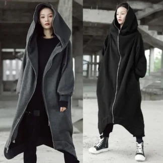 Women Hooded Velvet Zipper Coat Grey Black Autumn Winter