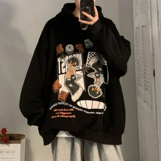 Men Black Velvet Hoodie with Cartoon Print Autumn