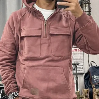 Men's Retro Hoodie Multi Pocket Solid Color Sweatshirt