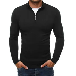 Men Slim Fit Zip Turtleneck Black Knitwear