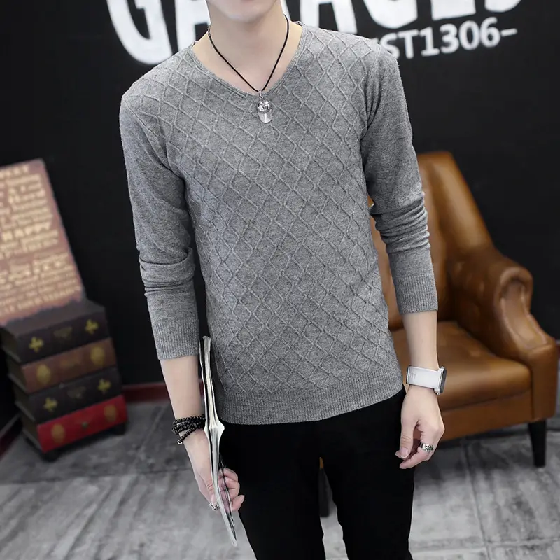 Men V-Neck Mesh Sweater Autumn Slim Fit White - Image 2