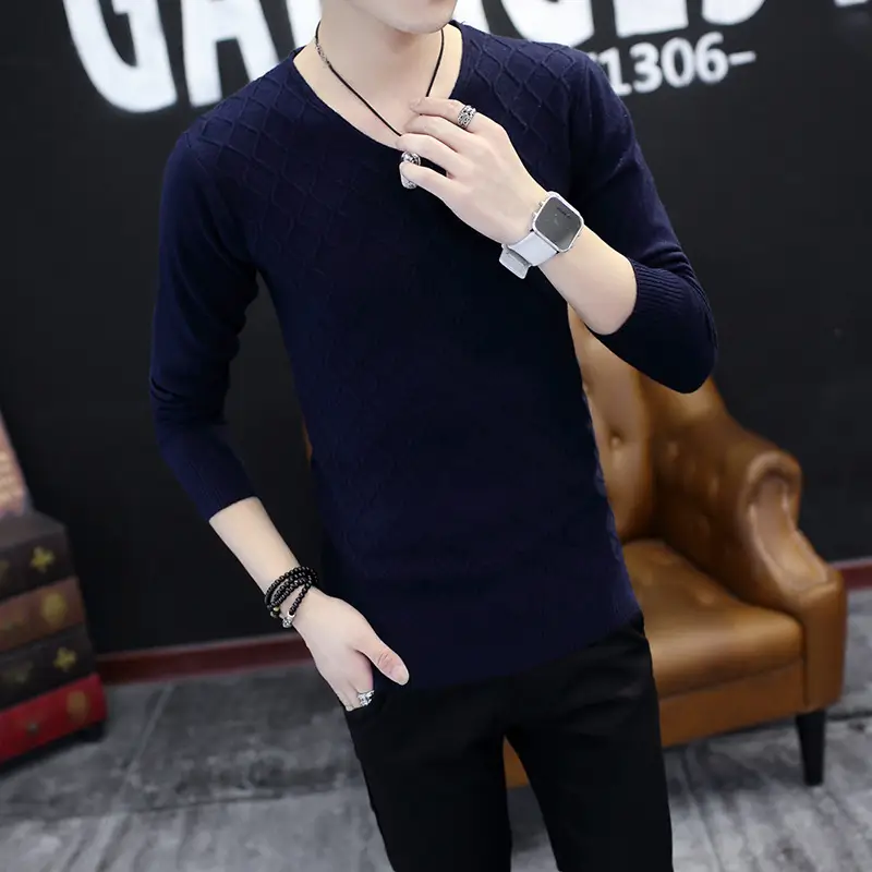 Men V-Neck Mesh Sweater Autumn Slim Fit White - Image 3