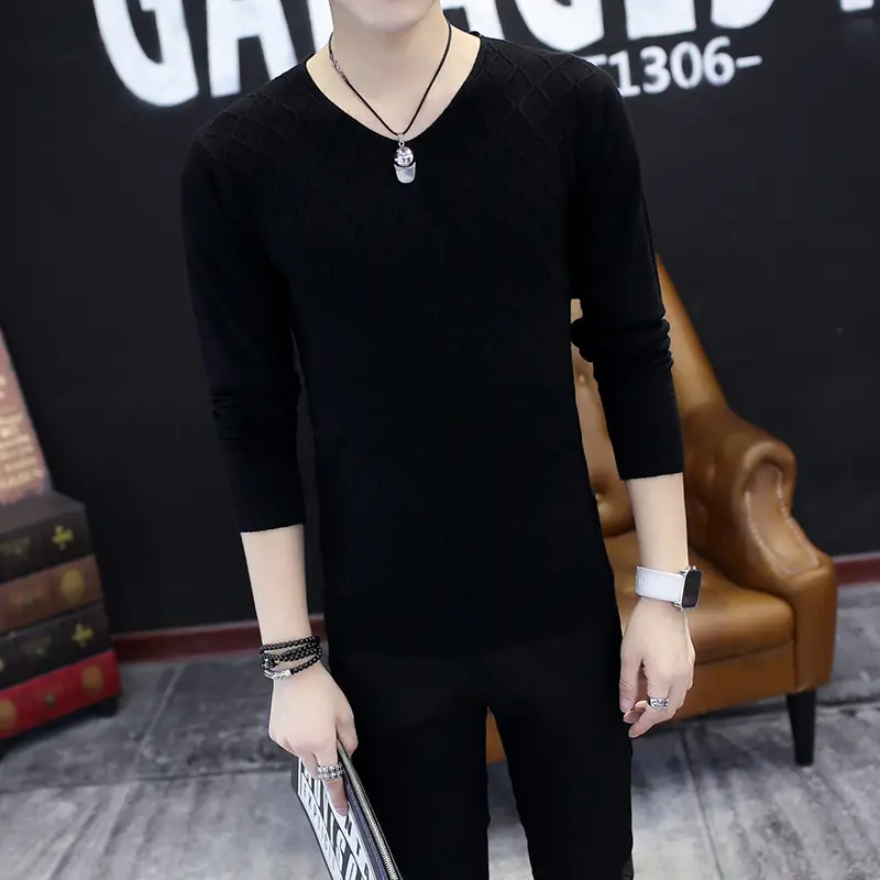 Men V-Neck Mesh Sweater Autumn Slim Fit White - Image 4