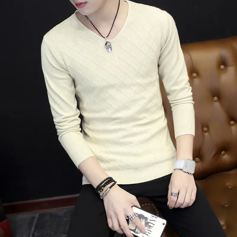 Men V-Neck Mesh Sweater Autumn Slim Fit White - Image 5