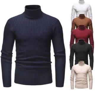 Men Turtleneck Sweater Striped Knit Autumn Winter