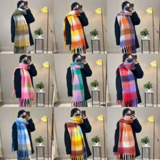 Warm Rainbow Plaid Mohair Scarf Winter Khaki