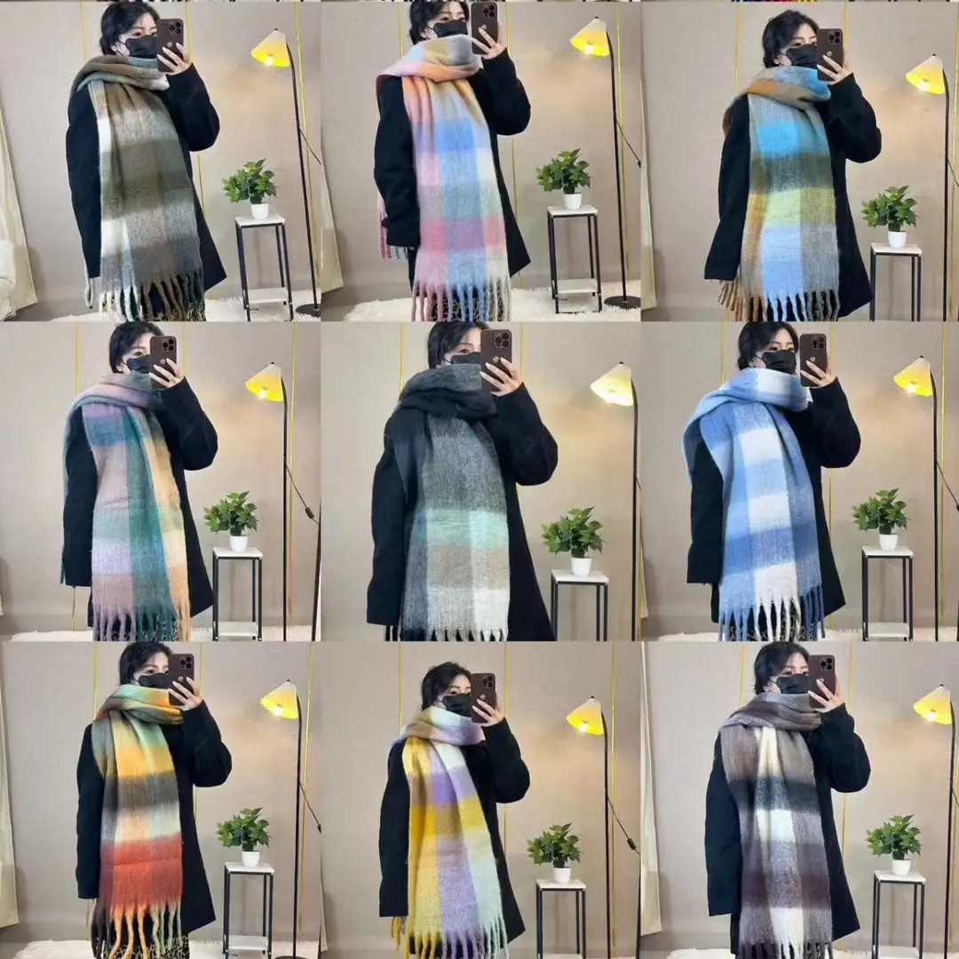 Warm Rainbow Plaid Mohair Scarf Winter Khaki - Image 4