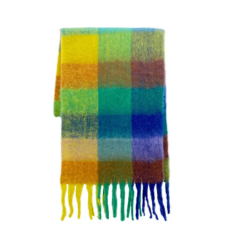 Warm Rainbow Plaid Mohair Scarf Winter Khaki - Image 5