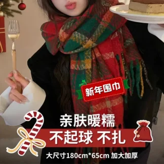 Red Plaid Winter Scarf Women Warm Thick 180x65cm