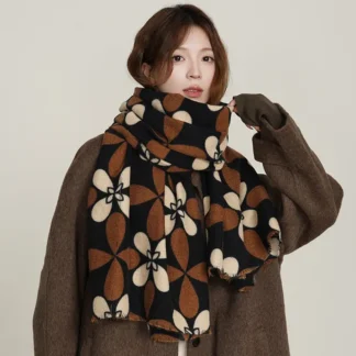Women Cashmere Floral Scarf Autumn Winter Warm Brown Beige