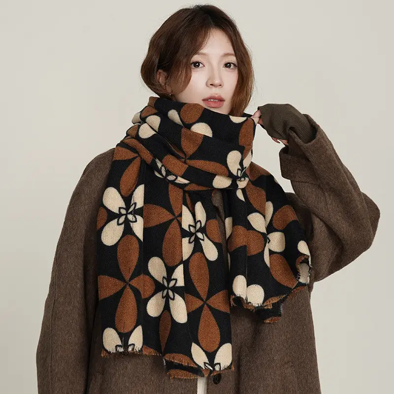 Women Cashmere Floral Scarf Autumn Winter Warm Brown Beige