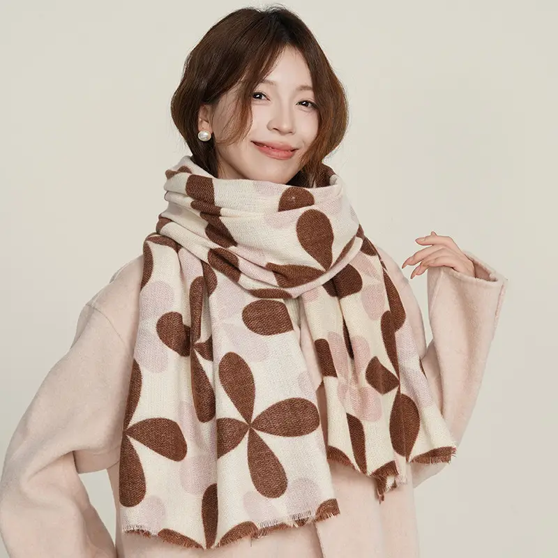 Women Cashmere Floral Scarf Autumn Winter Warm Brown Beige - Image 3