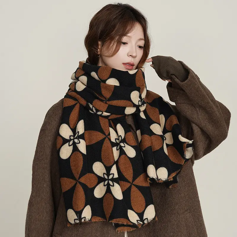 Women Cashmere Floral Scarf Autumn Winter Warm Brown Beige - Image 4