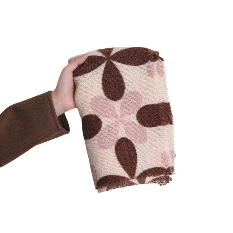 Women Cashmere Floral Scarf Autumn Winter Warm Brown Beige - Image 5