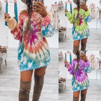Women Spiral Tie-Dye Sweater Skirt Green Autumn