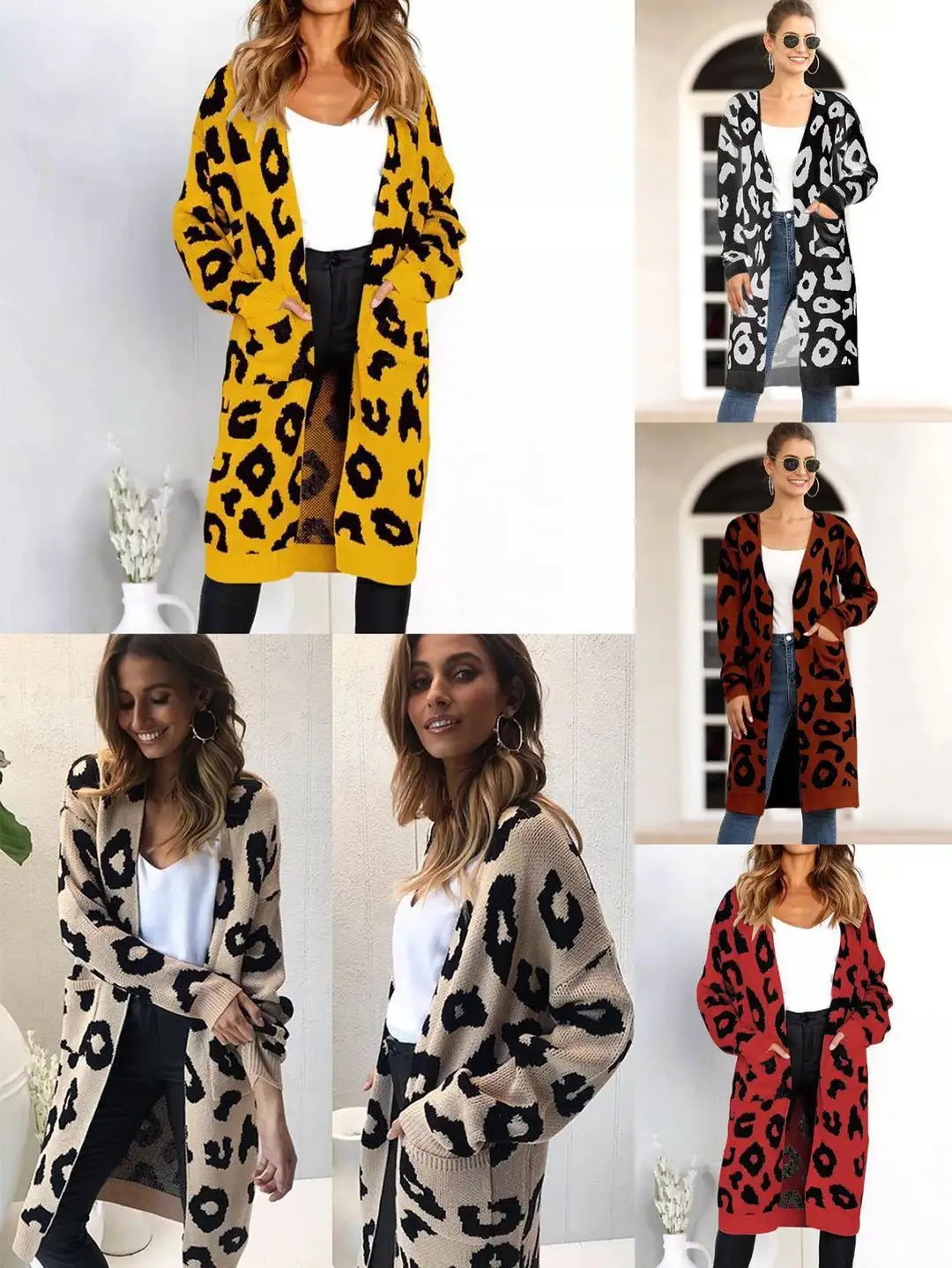 Women Leopard Print Knit Cardigan Khaki Loose Winter - Image 2