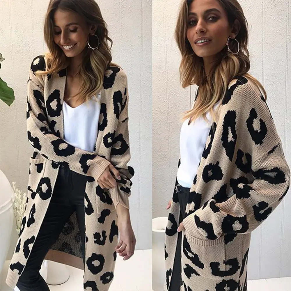 Women Leopard Print Knit Cardigan Khaki Loose Winter - Image 3