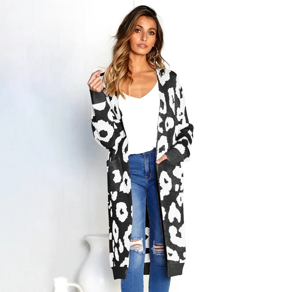 Women Leopard Print Knit Cardigan Khaki Loose Winter - Image 4