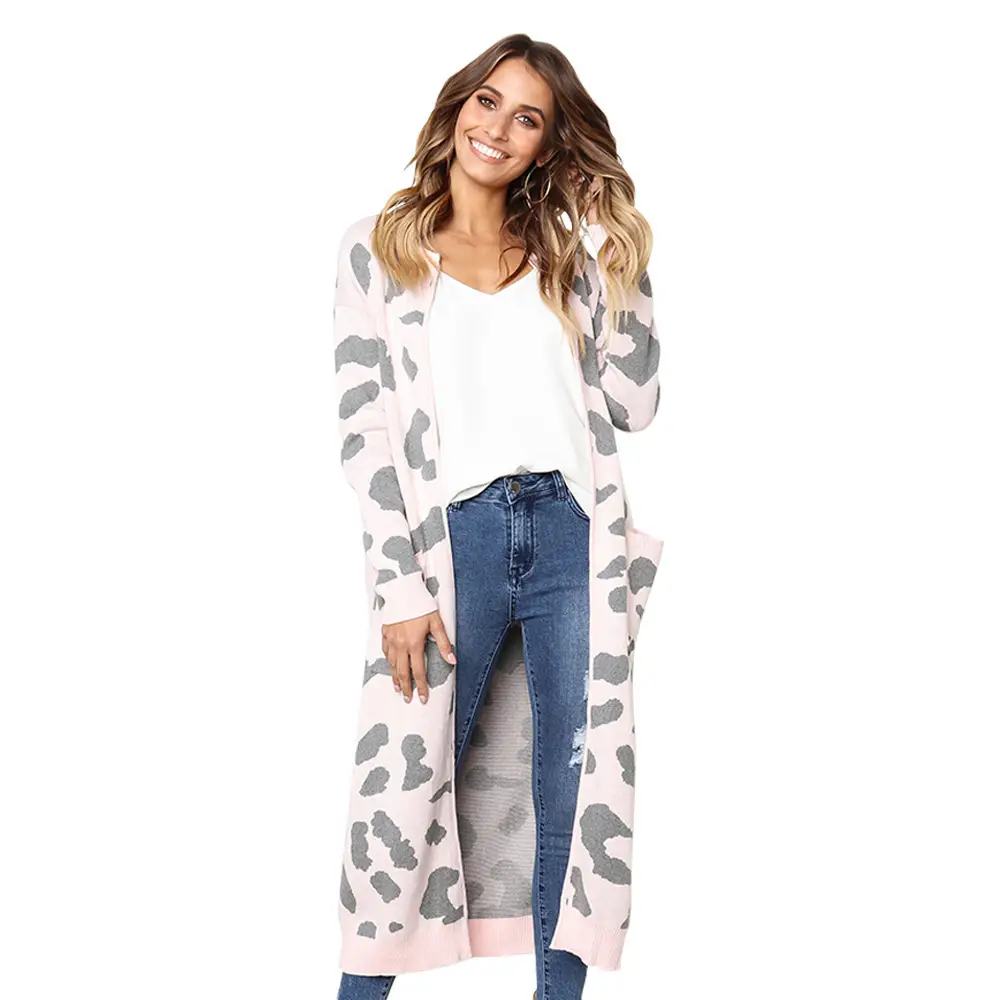 Women Leopard Print Knit Cardigan Khaki Loose Winter - Image 5