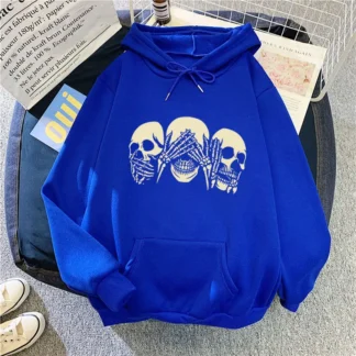 Women Velvet Hoodie Skull Print Loose Fit Winter Sweatshirt