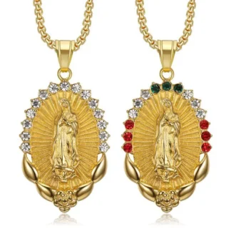 Golden Madonna Pendant Necklace with Colored Diamonds for Women