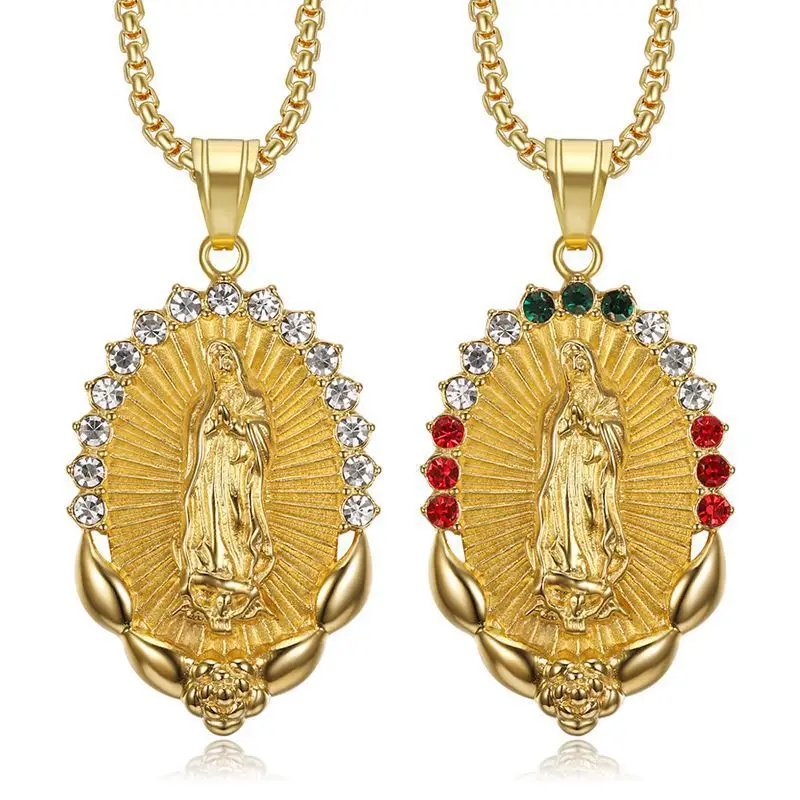 Golden Madonna Pendant Necklace with Colored Diamonds for Women