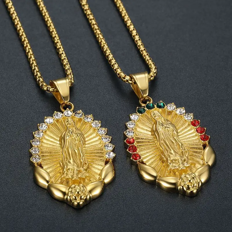 Golden Madonna Pendant Necklace with Colored Diamonds for Women - Image 2
